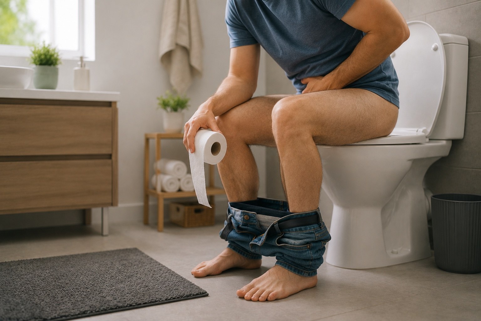 Muškarac sa bolovima sedi na WC šolji i drži toalet papir.